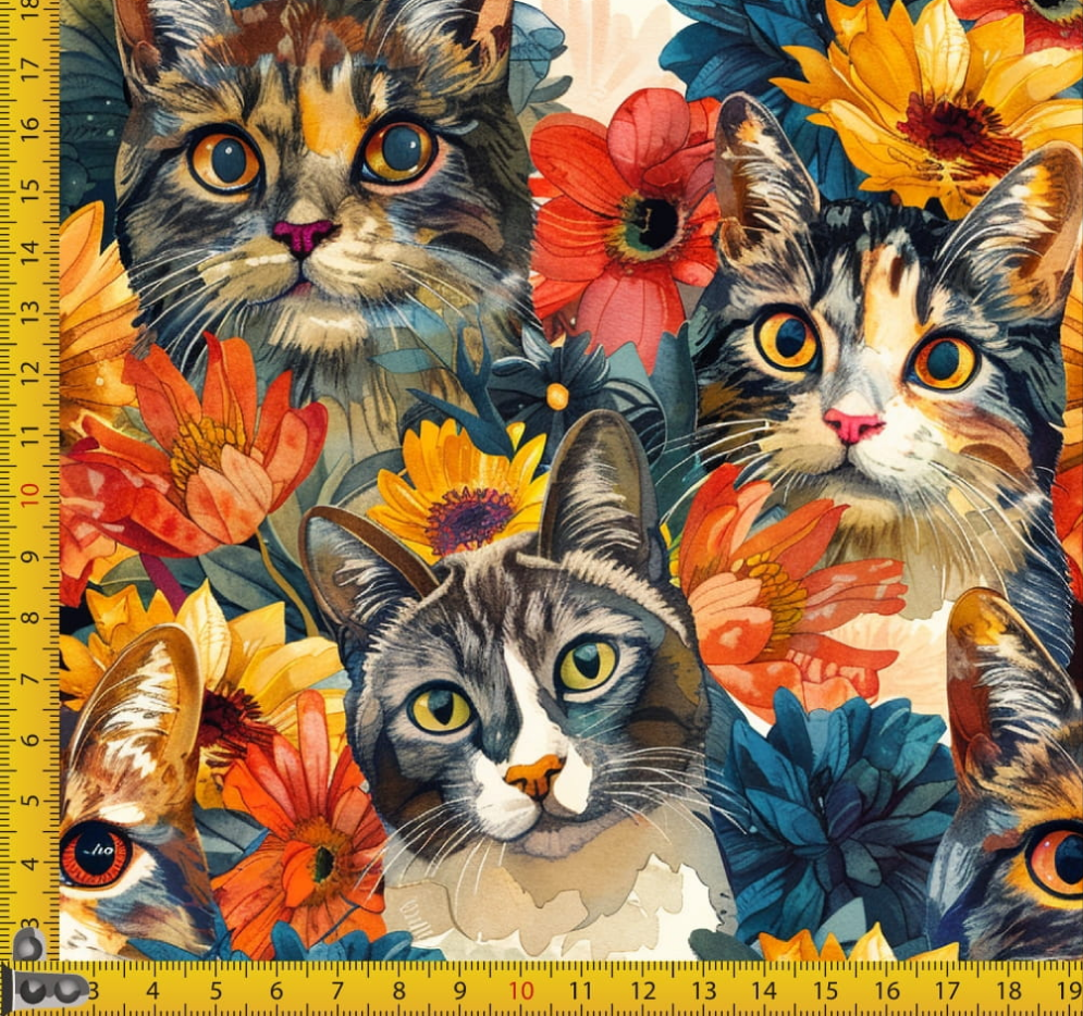 Waterproof Canvas  - Cats and Flowers - 50cm x 157 cm