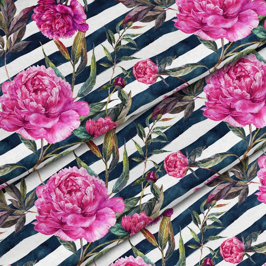 Peonies on Navy Stripes